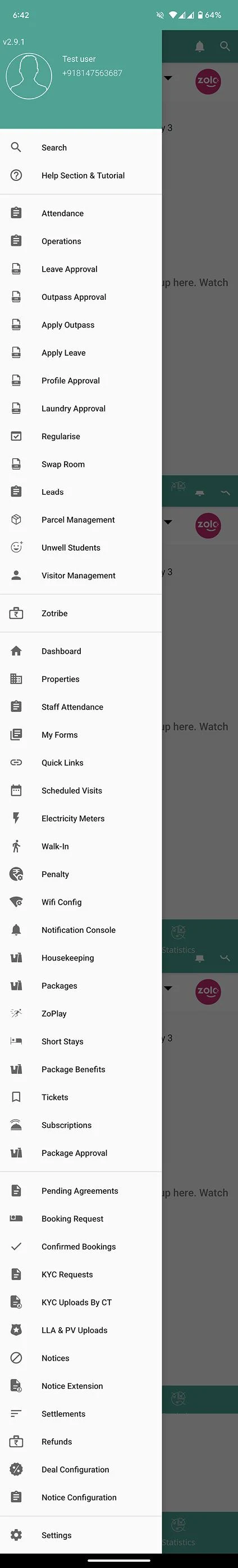 The old app's actions menu, top third
