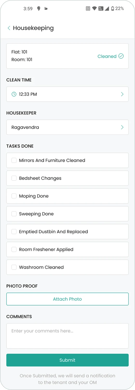 Redesigned housekeeping submission form
