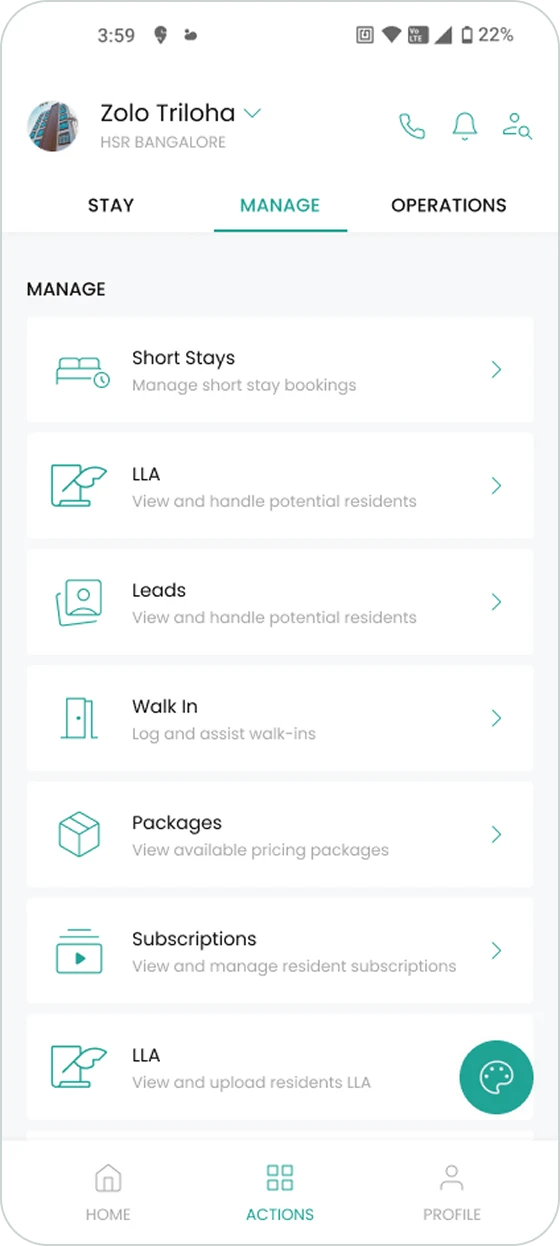 Actions page, Manage tab