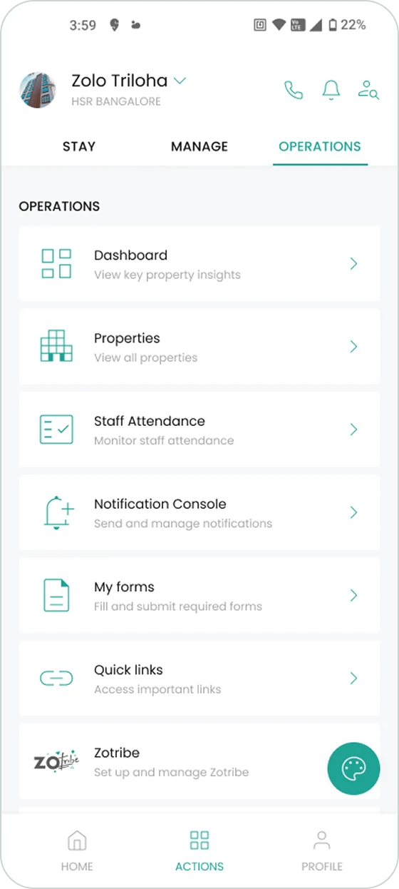 Actions page, Operations tab