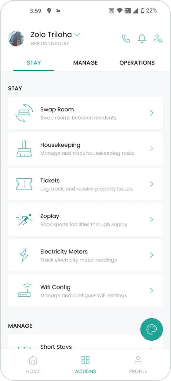 Actions page, Stay tab