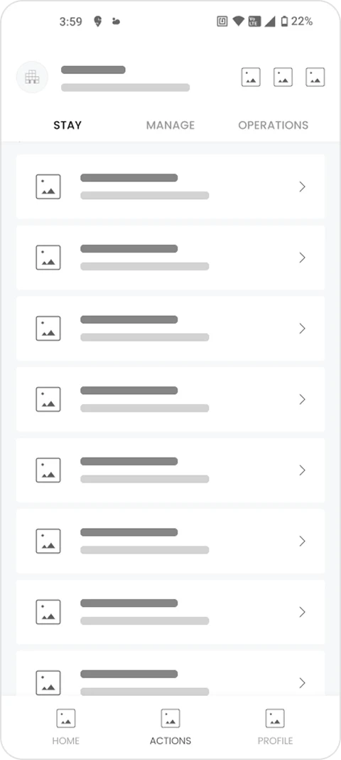 Actions page wireframe