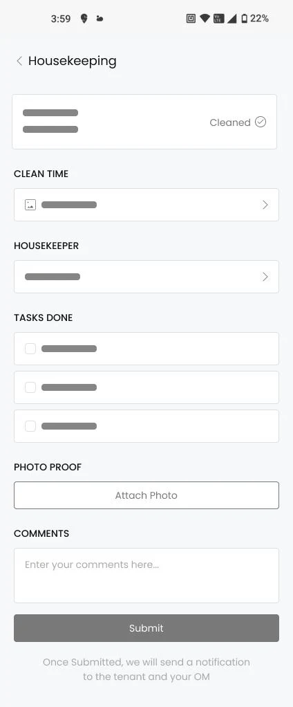 Housekeeping submission form wireframe