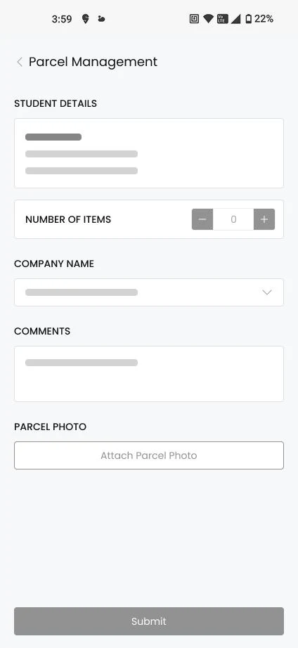 Parcel management form wireframe