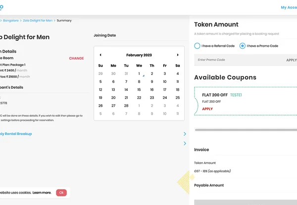 booking page, before the redesign